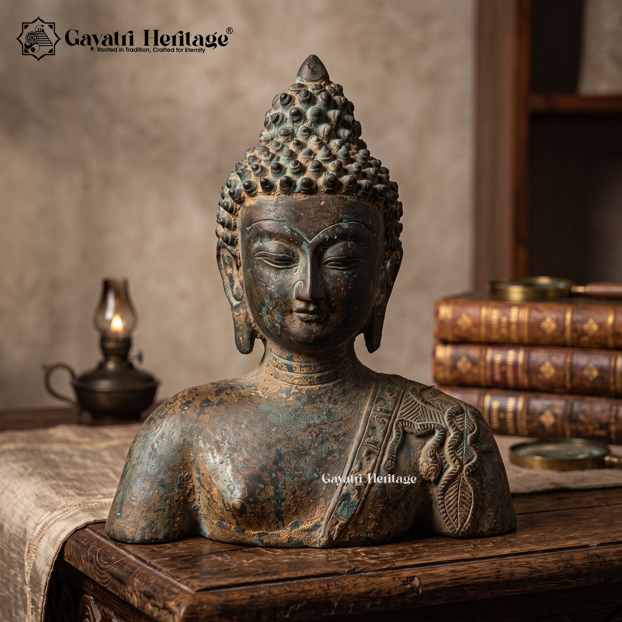 Antique Brass Buddha Bust Statue – Verdigris Patina Finish Gayatri Heritage