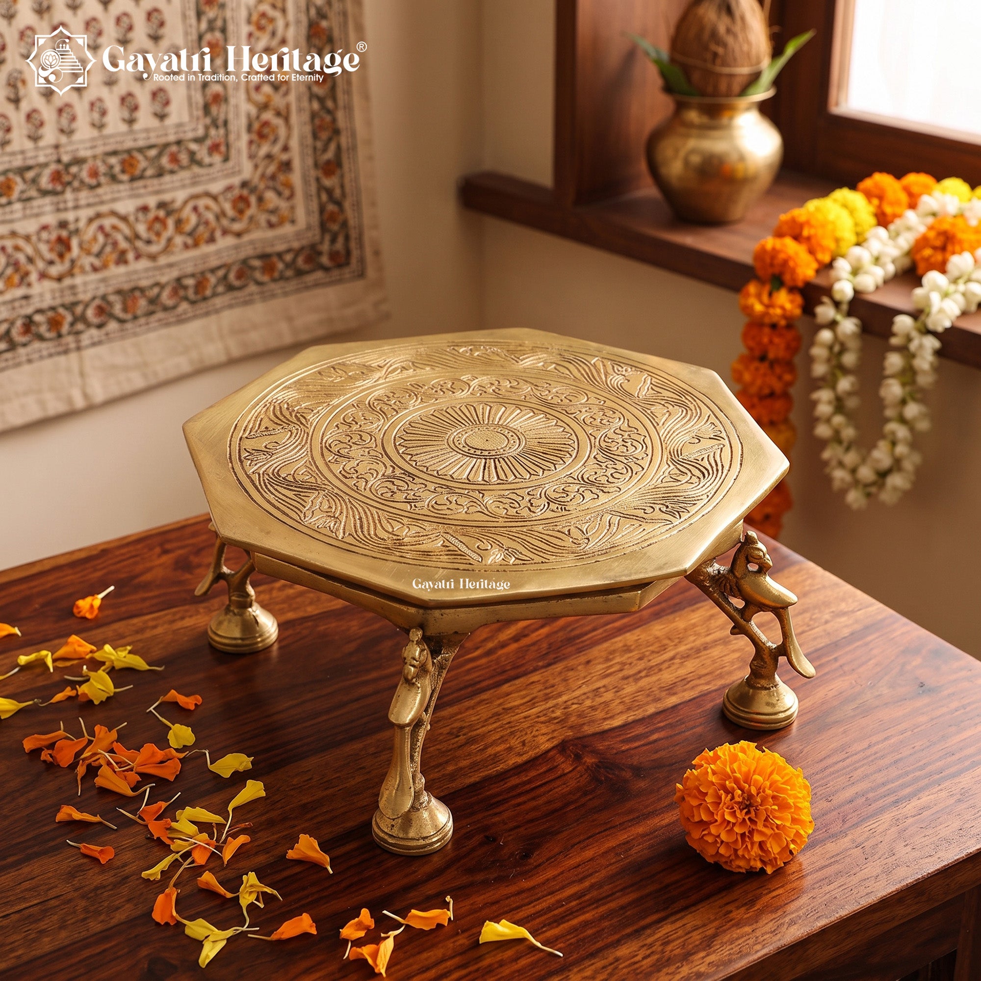 Brass Chowki with Peacock Pillars – Temple Idol Stand | Gayatri Heritage
